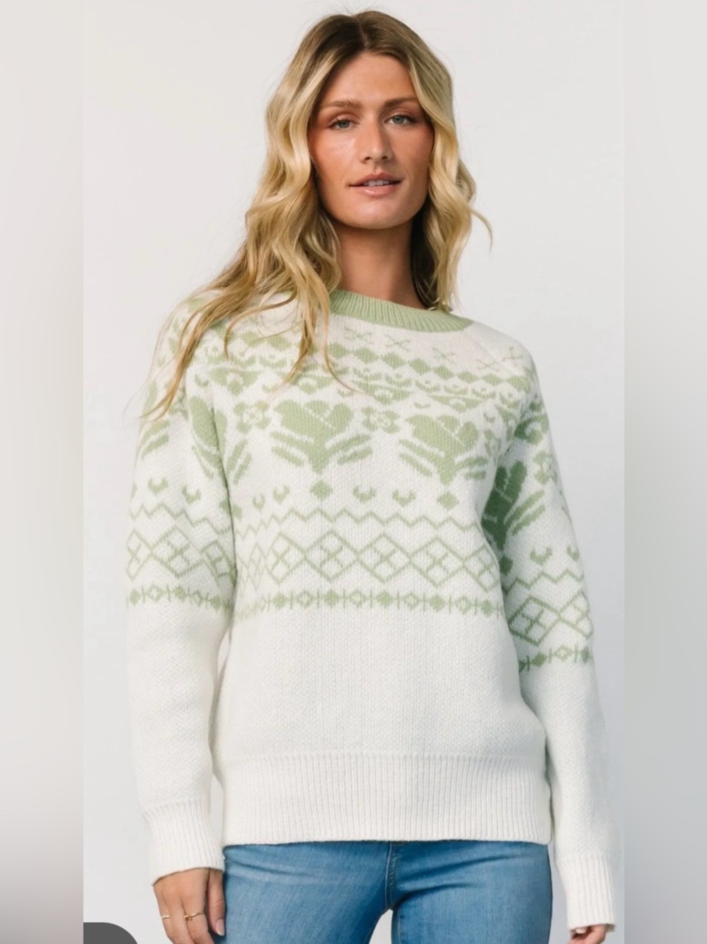 Women's Crewneck Fair Isle Sweater in Sage and White